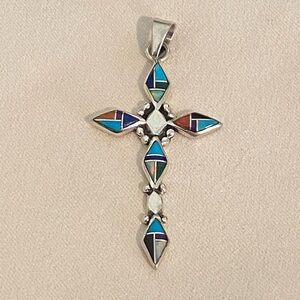 Zuni Multi-Gemstone Inlay Cross Pendant